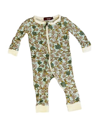 Milk Barn Kids Baby Green Floral  Zipper Soft Footless Sleeper 3-6 m