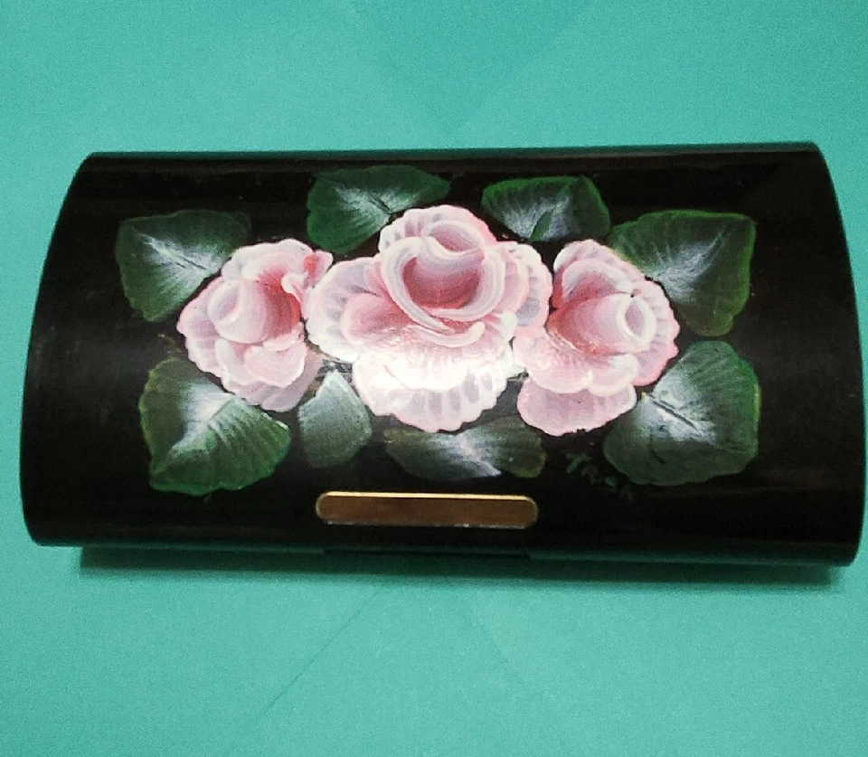 Estee Lauder New York VINTAGE Brown Lucite Acrylic Clutch Case Handpainted roses - Image 2 of 4