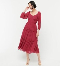 New J Crew Women Berry Red Swiss Dot Long Sleeve Chiffon Tiered Midi Dress 2