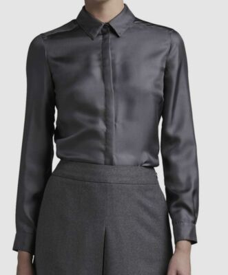 $990 Agnona Women's Silver Long Sleeve Silk Button Front Top Blouse IT 40 US 4