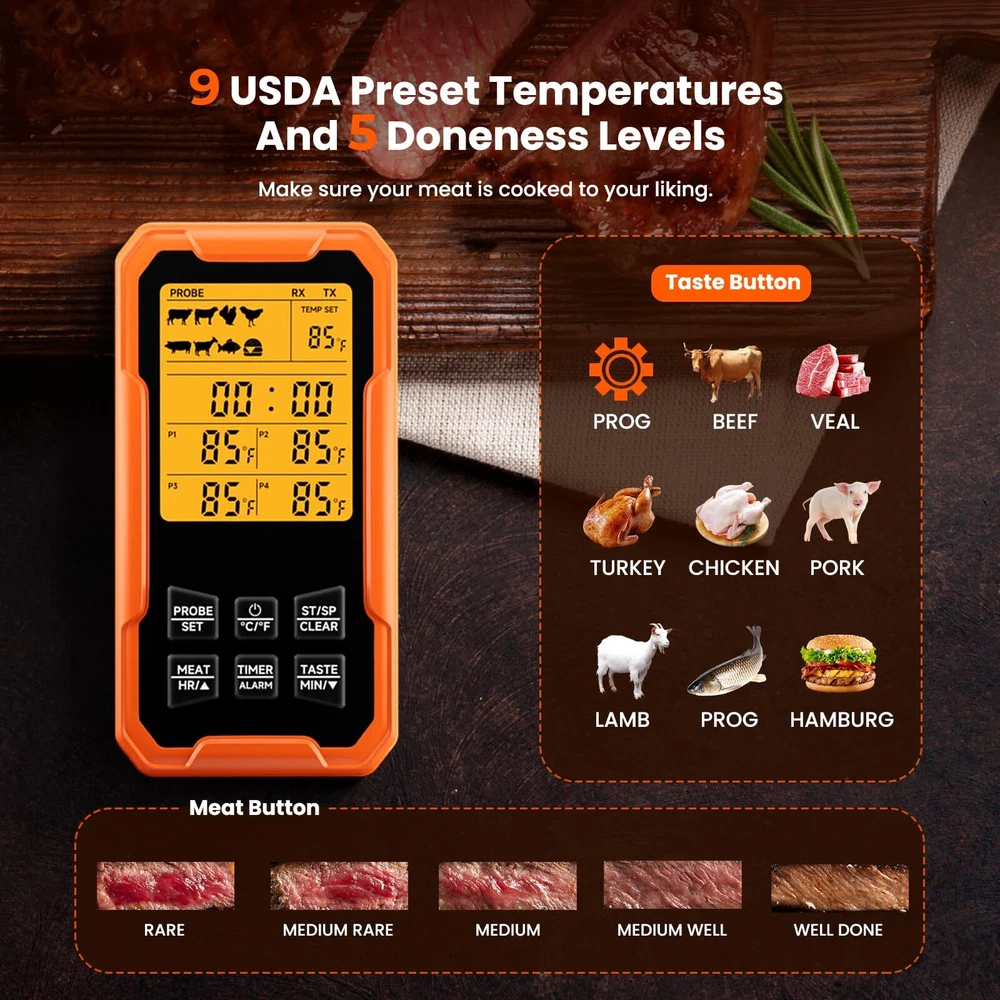 Wireless Meat Thermometer Remote Meat Thermometer with 4 Probes Fast and Accu...