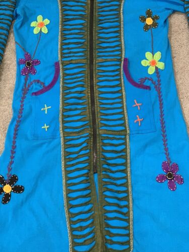 Bohemian Duster Jacket Hooded Full Zip Blue Teal Hand Detailed Made in Nepal Fun - Picture 4 of 14