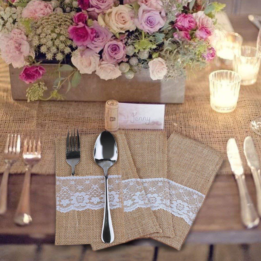 TtS 80pcs Hessian Burlap Cutlery Holder Lace Pouch Bag Wedding Party Table Decor