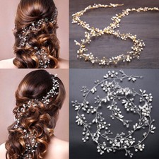 Bride Crystal Headband Pearl Leaf Wedding Hair Accessories Bridal Hair Long Vine