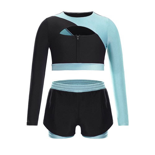 Kids Girls Suit Shirts Outfit Crop Top Set Running Cutout Back Color Block Gym - Picture 26 of 31