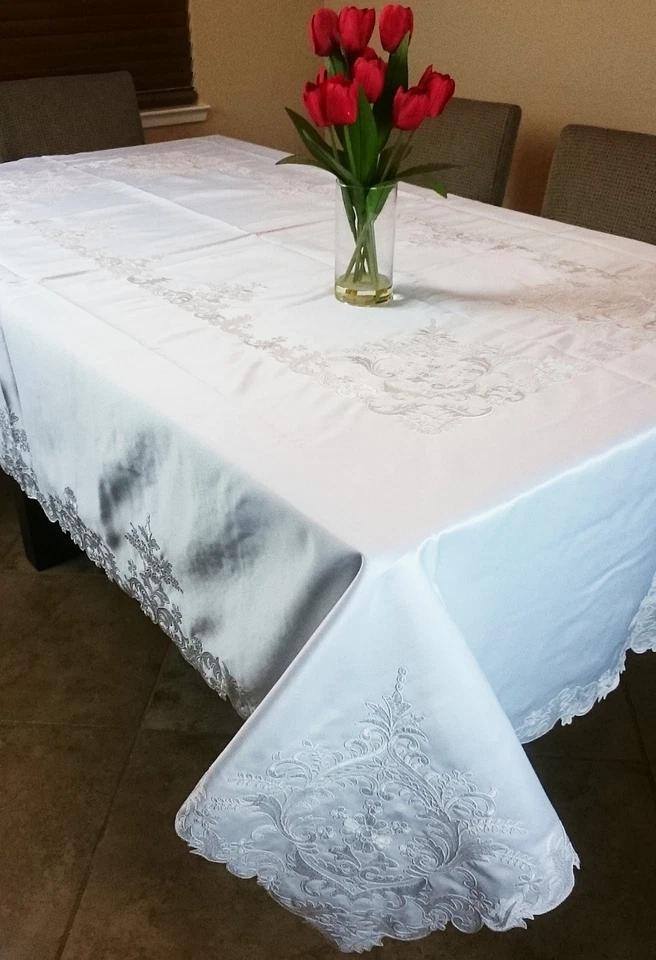 Polyester Solid White Embroidery Lace Tablecloth 72x90" Wedding Bridal 8 Napkins - Image 2 of 4
