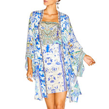 Camilla Porcelain Paradise Silk Kimono Robe Cape Size Small Stains Pulls b