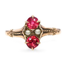 Antique 9k Yellow Gold Red Paste and Seed Pearl Ring