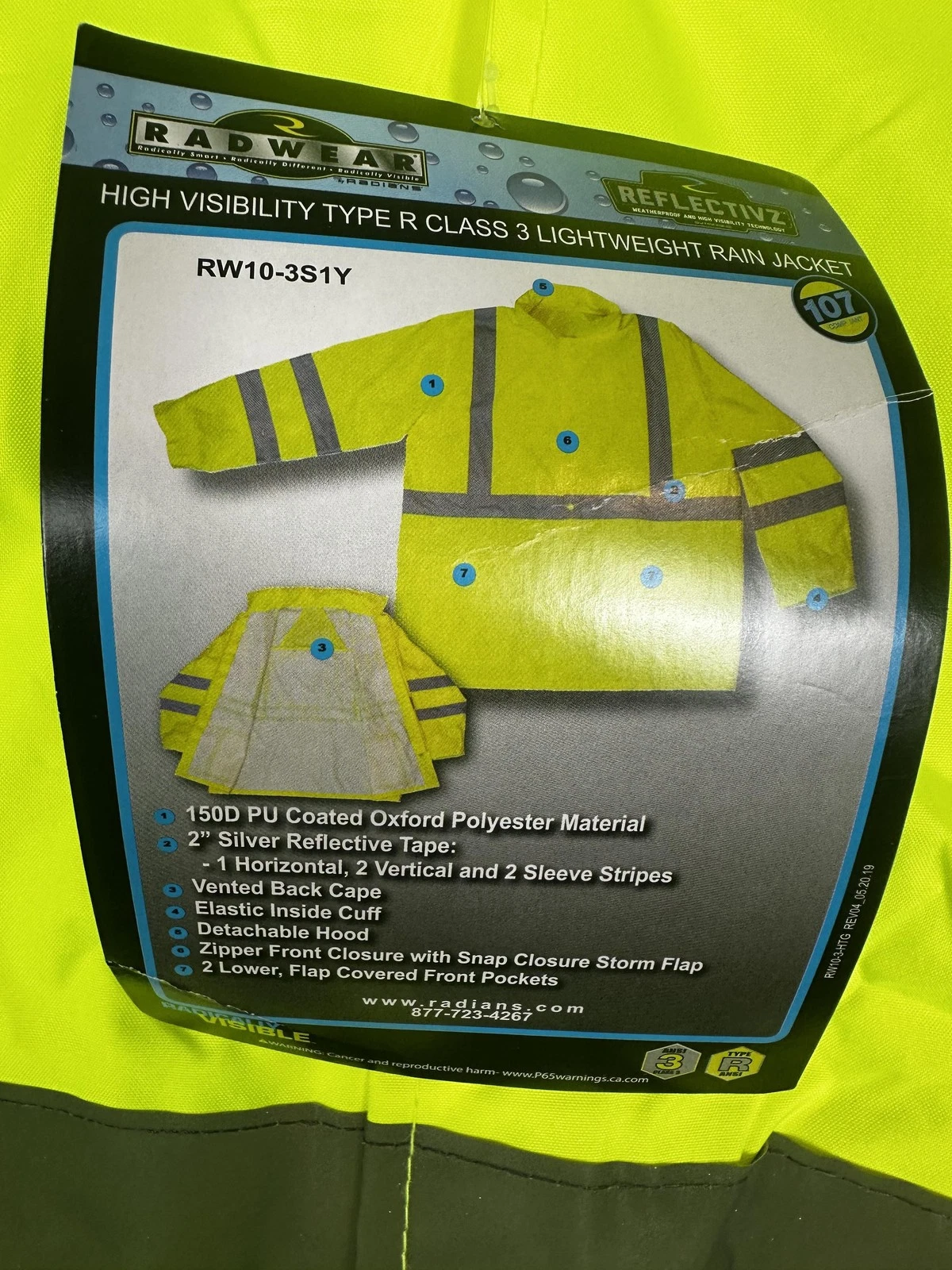Radians Radwear Jacket Mens Medium Yellow Hi Vis Class 3 Hooded Rain RW10-3S1Y image 3