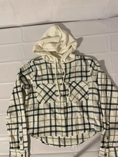 SO Goods for Life Plaid Flannel Hooded Long Sleeve Crop Button Up Shirt Women XS