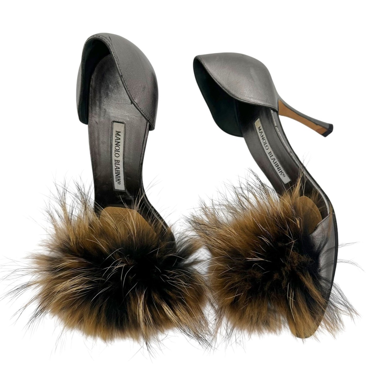Manolo Blahnik Metallic Silver & Brown Fox Fur D'Orsay Heels
