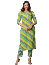 GoSriKi Women's Cotton Blend Straight Printed Kurta with Pant Set