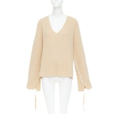 HELMUT LANG beige wool cashmere lace up sleeves relaxed oversized sweater M