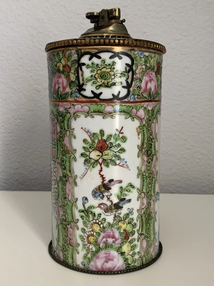 De Colección Encendedor Chino Famille Rosa Porcelana 8" Cilindro Japón Latón Tejedor Foto 2 de 4