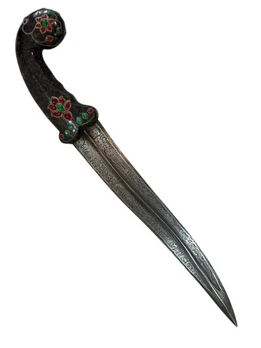 Mughal Style Damascus Blade Black Jade Stone Handle Gem Stones fitted Dagger 15”