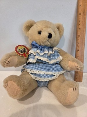 Vtg Shanghai Dolls Factory Jointed Plush Teddy Bear, Original Tag, 12'' & Outfit