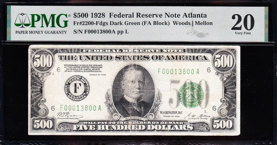 NICE *RARE* 1928 $500 Atlanta "GOLD CLAUSE" FRN bill! PMG 20! FREE SHIP! 13800A - Image 2 of 3
