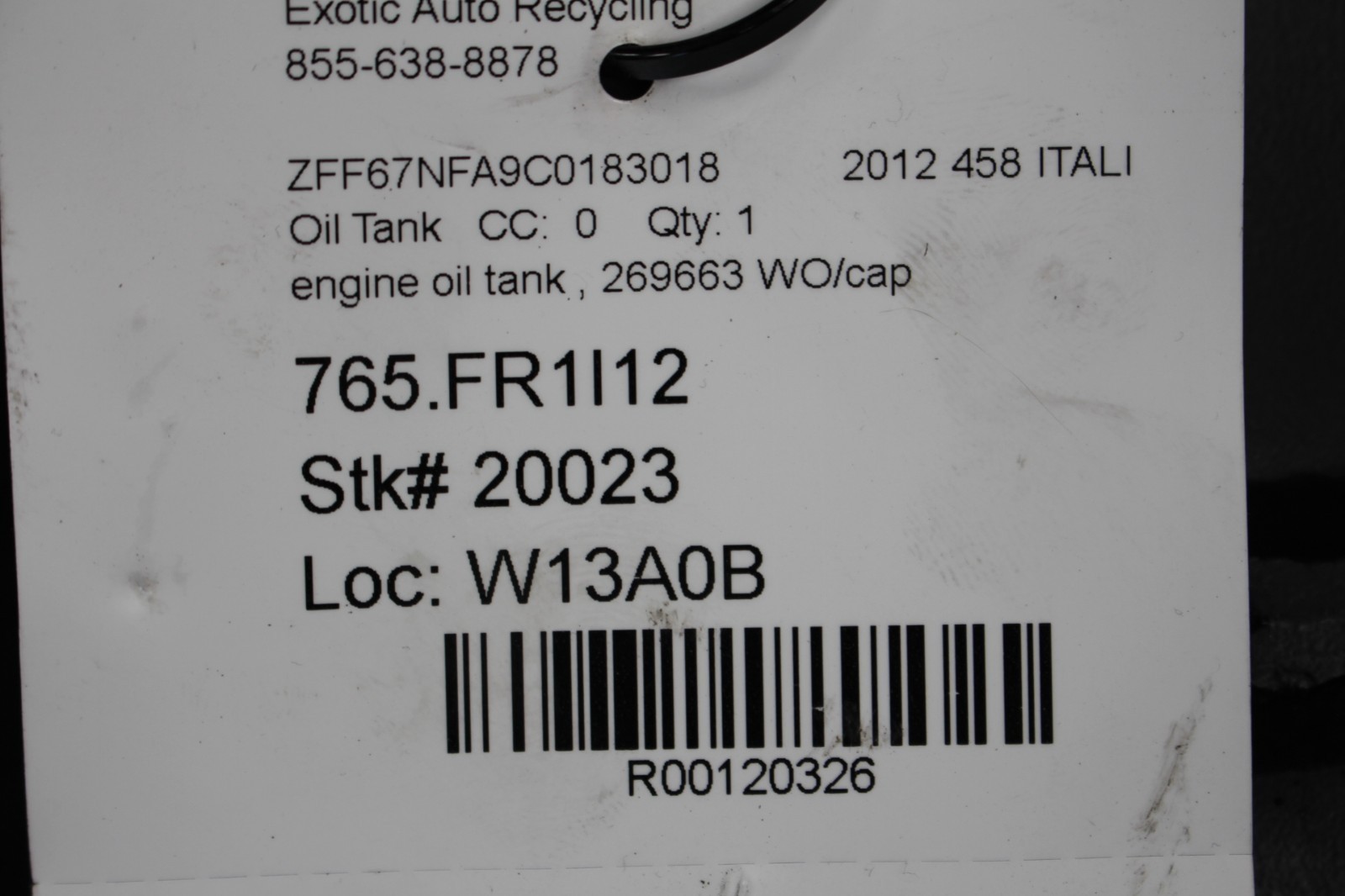 Ferrari 458 Italia, Spyder, Engine Oil Tank, W/O Cap, Used, P/N 269663