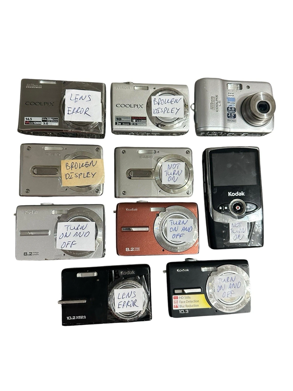 Lot of 10 Digital Cameras Nikon Casio Kodak for parts or not working