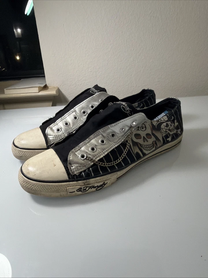Y2K 复古 Ed Hardy 男式低帮时尚运动鞋 13 码黑色白色一脚蹬 — 第 3/4 张图片