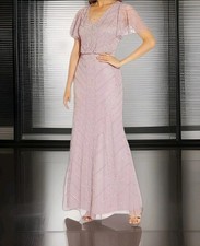 Adrianna Papell Women's Sz 10 Gown Pink Mauve Short-Sleeve Beaded Raw Hem