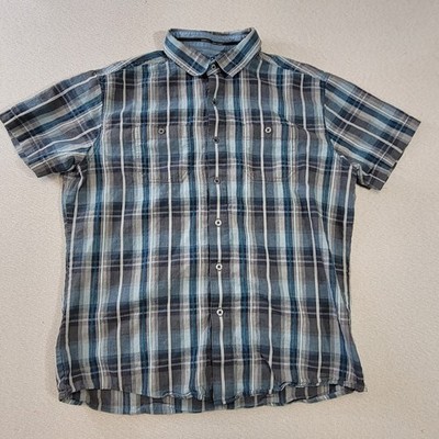 KUHL Skorpio Shirt XL Mens Blue Gray Plaid Linen Cotton Blend Short Sleeve Hike