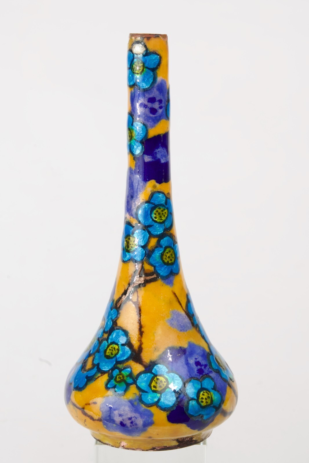 Ancien vase art déco 1925 émail émaillé Limoges soliflore orange bleu