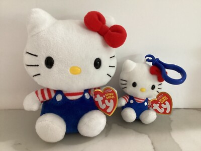 Ty/Sanrio HELLO KITTY in Blue Overalls Beanie Baby 6  + Matching Key Clip 3  NEW
