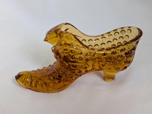 Vintage Fenton Hobnail Colonial Amber Art Glass Slipper/Shoe w Cat Head  (#3995)