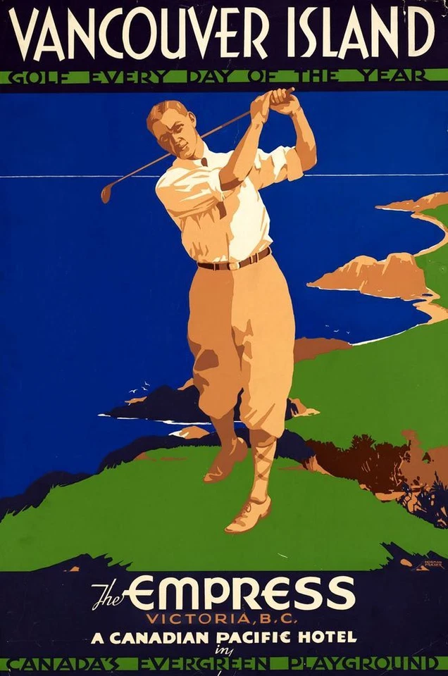 Vintage Illustrated Travel Poster CANVAS PRINT Vancouver Golf Canada 16"X12" - Image 1 of 1