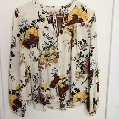 Philosophy Ivory Floral Hi Low Blouse Split Neck Tie Front Peasant Top Size M