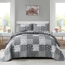 Boho Quilt Set Size,3 Pieces Plaid Floral Bedspread California King Black Grey