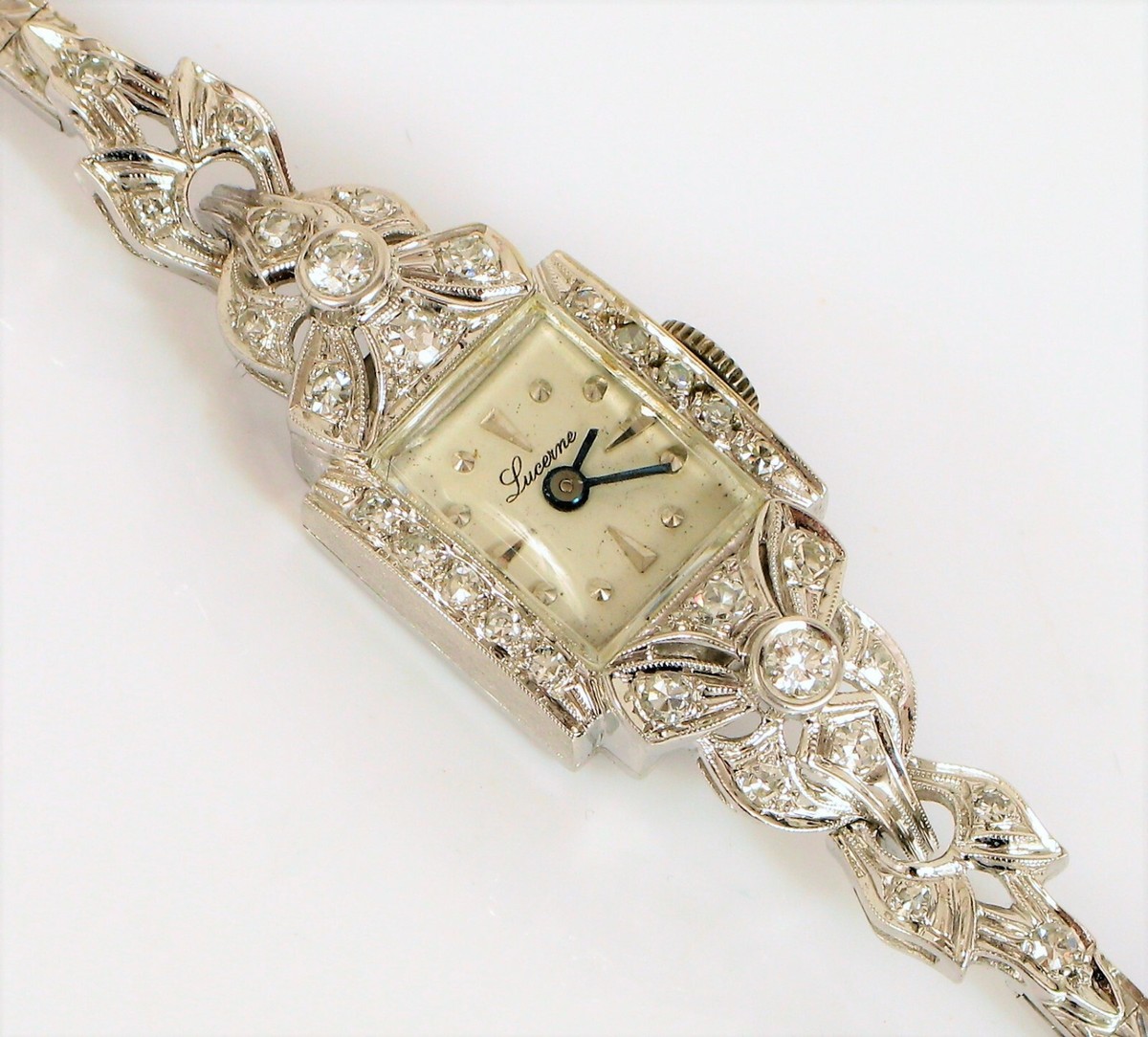 ヴィンテージ テレクロン電気時計 ホワイトオニキス大理石 アール・デコ様式 VINTAGE LUCERNE 14K WHITE GOLD DIAMOND ART DECO WRISTWATCH