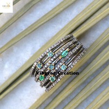 Natural Pave Diamond Emerald Ring 925 Sterling Silver Gemstone Jewelry Gift