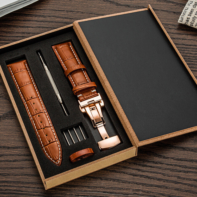 12-24MM Watch Band Strap Genuine Leather Deployment Clasp Buckle Black