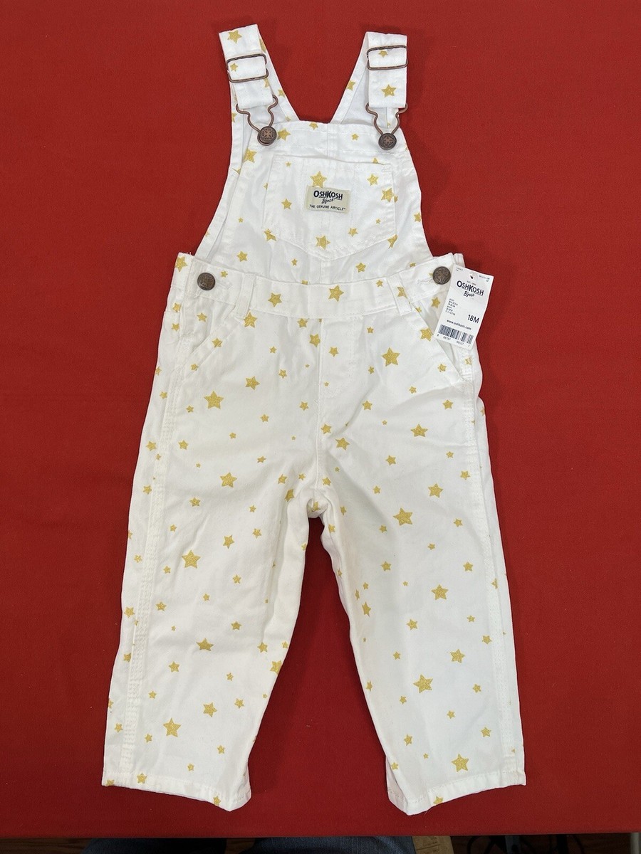 NWT Oshkosh Bgosh White w/Gold Sparkling Stars Denim Overalls 18M