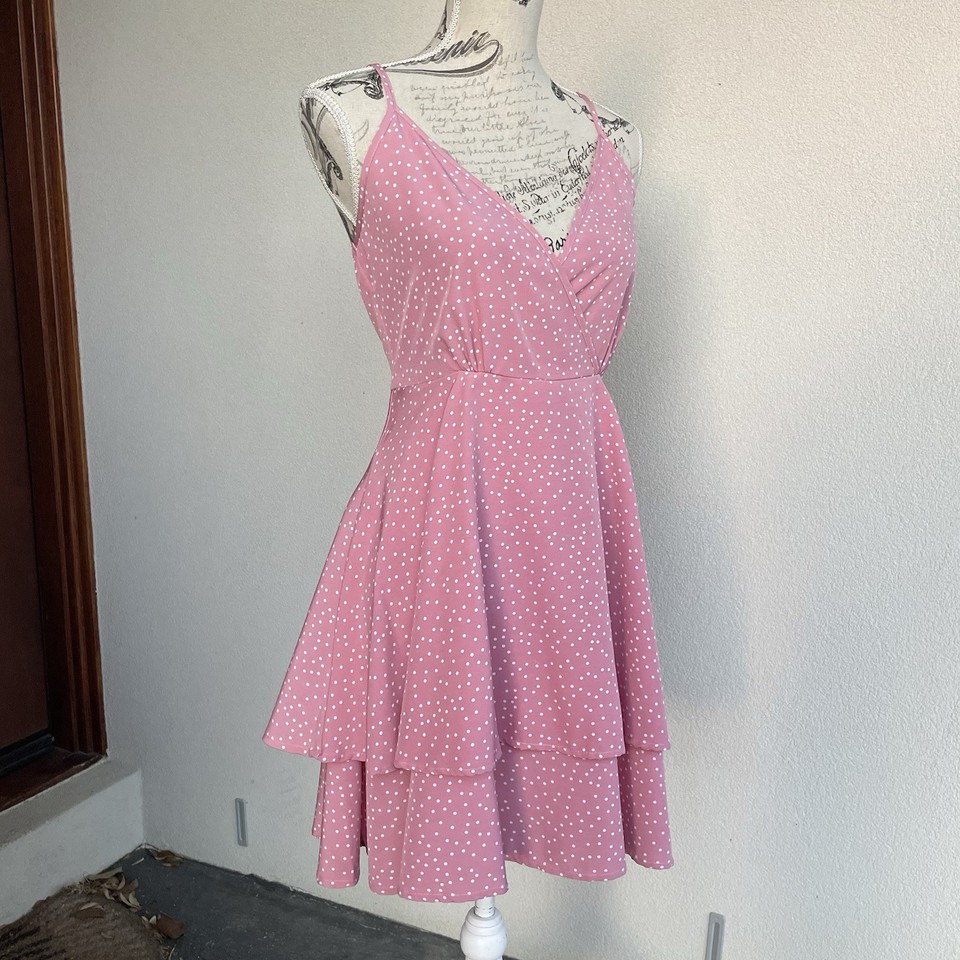 Pink White Polka Dot V-Neck Strappy Tiered Wrap Mini Cami Skater Dress - size M