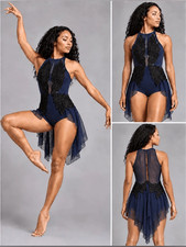 Custom Navy Blue Applique Lyrical contemporary Dance Costume SA-Small Adult
