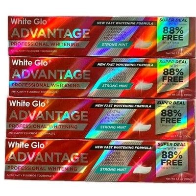 4 WHITE GLO ADVANTAGE STRONG MINT PROFESSIONAL WHITENING TOOTHPASTE 3.5oz 4 PACK