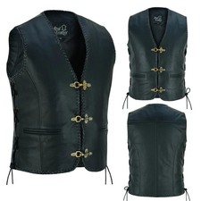 Men's Black Leather Vest Motorcycle Biker Western Steampunk Renaissance Laced