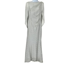 Adrianna Papell Silver Metallic Draped Cape Sleeve Evening Gown Dress Size 8