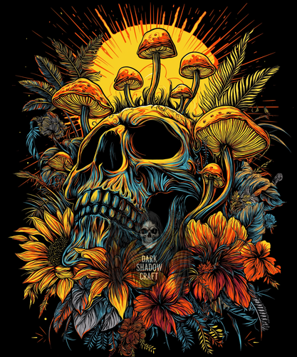 Golden Sun Rays Skull - Sun-Bleached Skull & Tropical Flowers Art - Picture 2 of 3