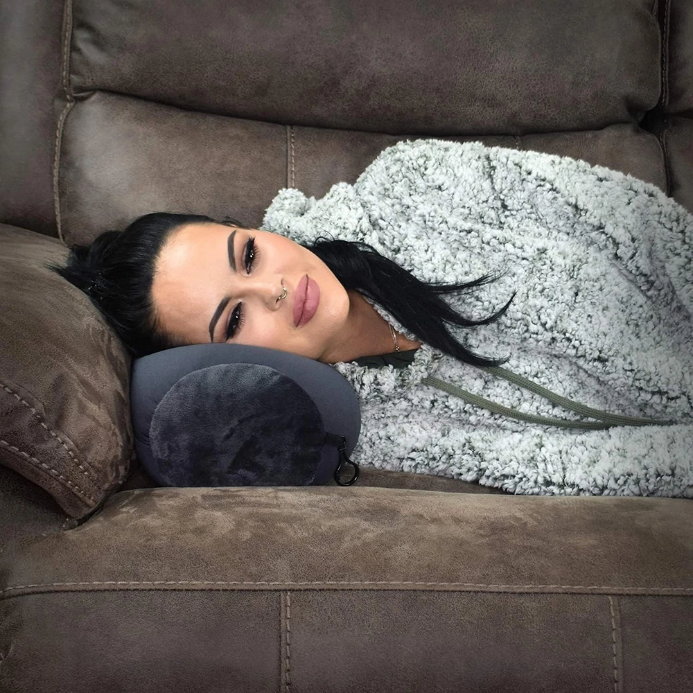 Compact Microbead Travel Pillow with Lumbar Support and Neck Roll in Blue