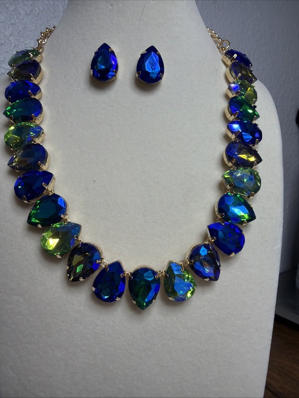 14" Gold Tone Blue & Green Rhinestone Statement Collar Necklace Earrings Set #5