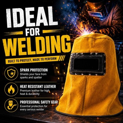 Leather Welding Hood with Lens Welder Mask Helmet Sweat Absorbent Work Hat Gear