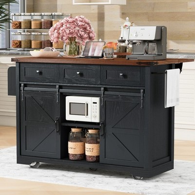 53.7'' Farmhouse Kitchen Island with Power Outlet, 2 Sliding Barn Door Kitchen