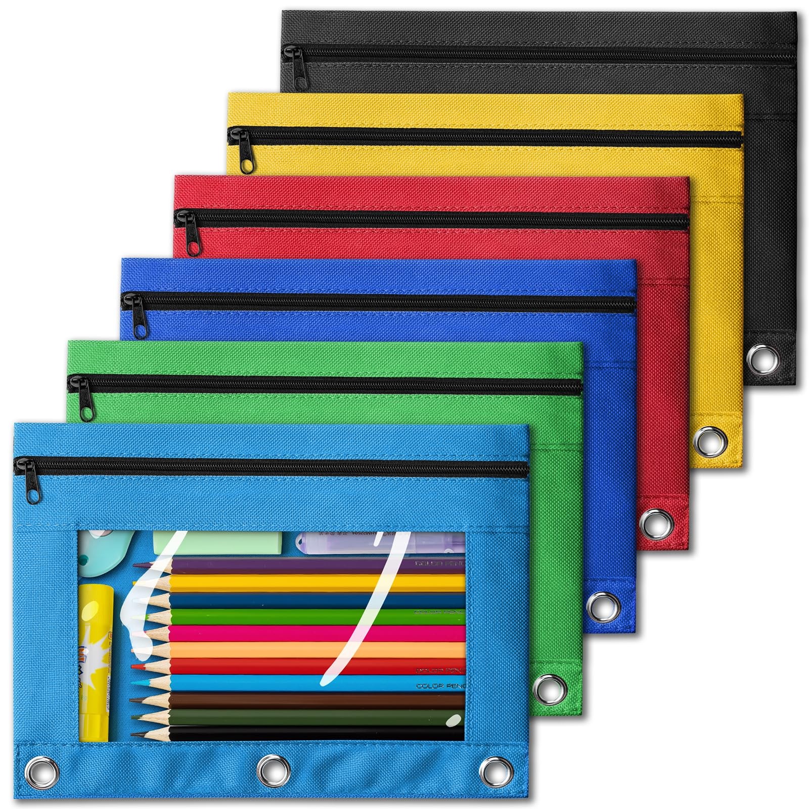 Pouch For 3 Ring Binder, Bulk 6 Pack 3-holes Zipper Pencil P