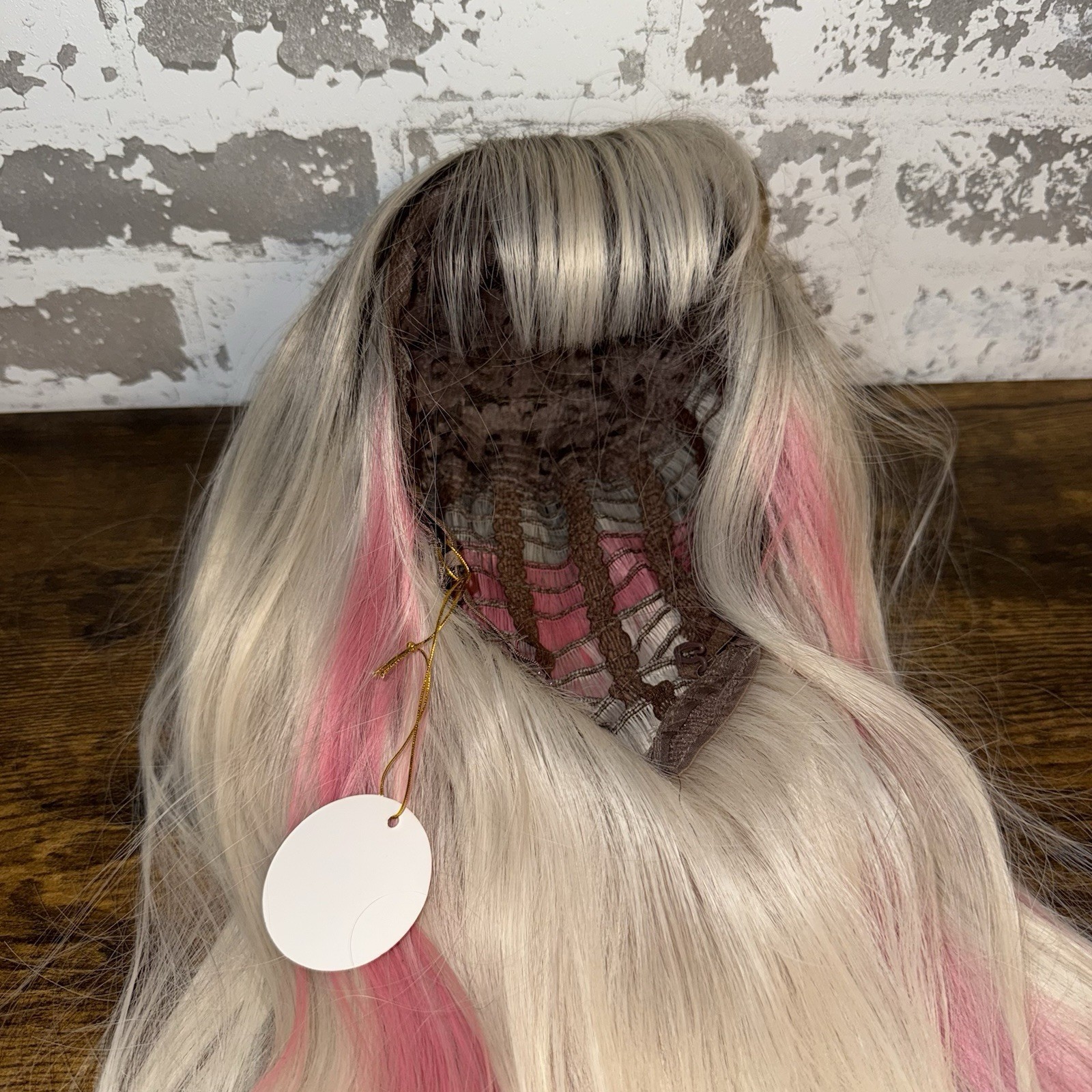 NEW - Smilco - 28" Blonde/Pink Highlights Wig with Bangs - Adjustable Mesh