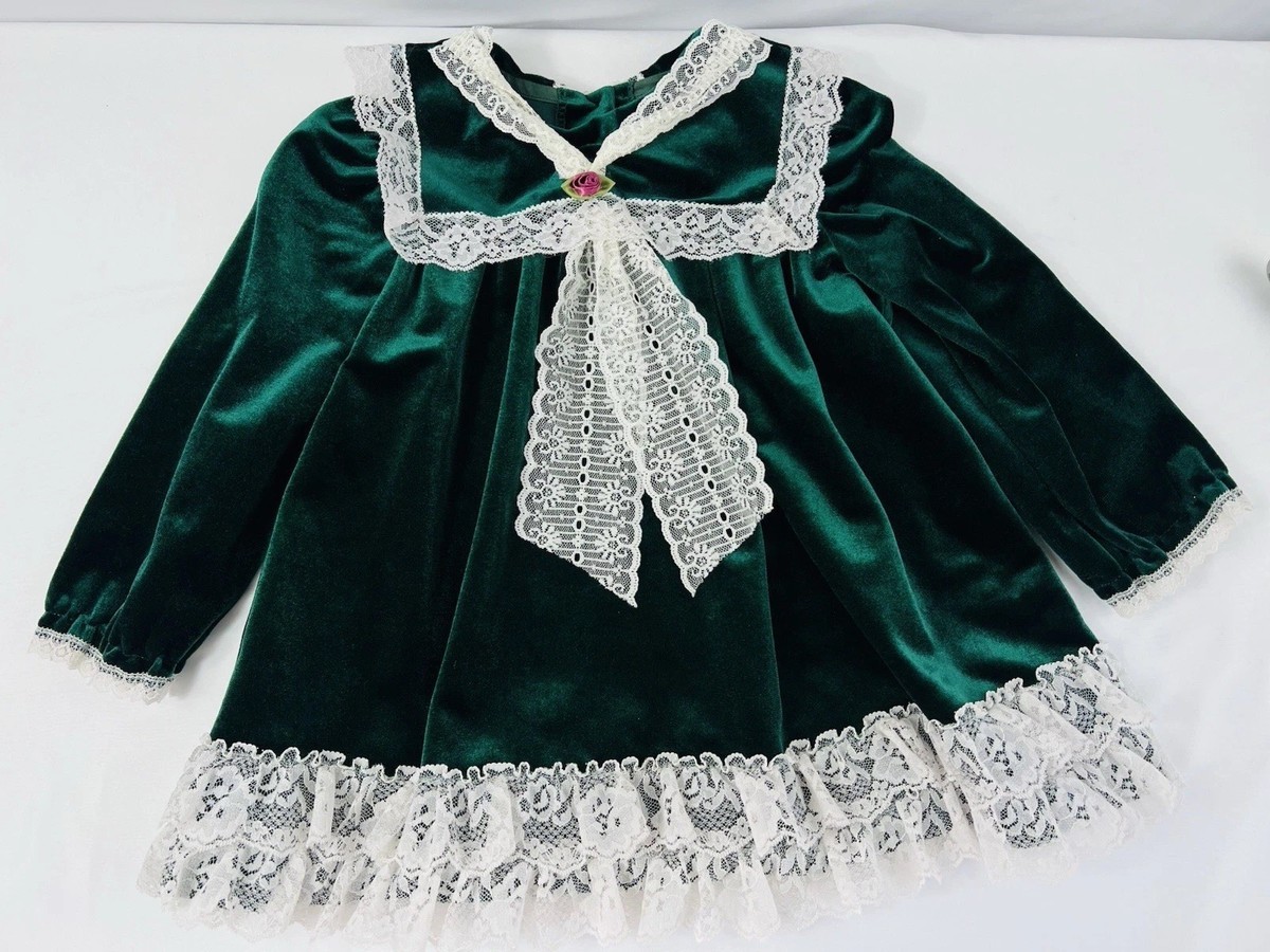 green velvet dress girls Vintage Little Precisions Lace Holiday Pageant 80s/90s Clothing>>Dresses & Tunics