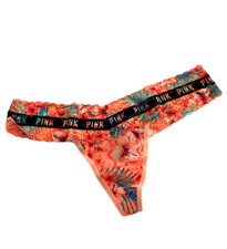 Victoria's Secret PINK Allover Floral Lace Thong Panty Logo Coral Floral